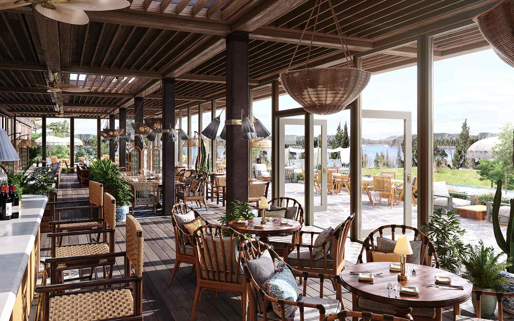 Ellery Beach House – Stockholm – Sea view! Ellery Beach House - Stockholm (Lidingö) 3D-rendering av bar och uteservering