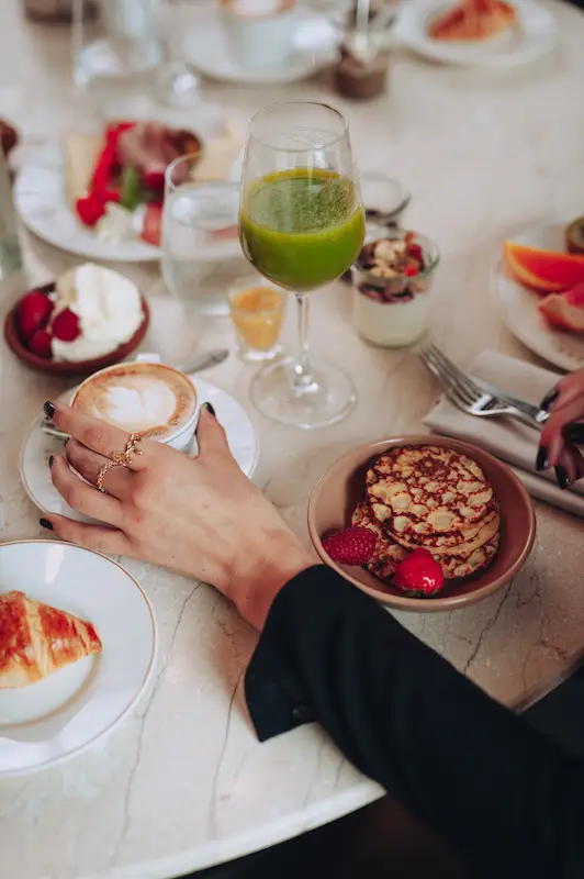 Breakfast with coffee, pancakes and juice at Ellery Beach House near Stockholm