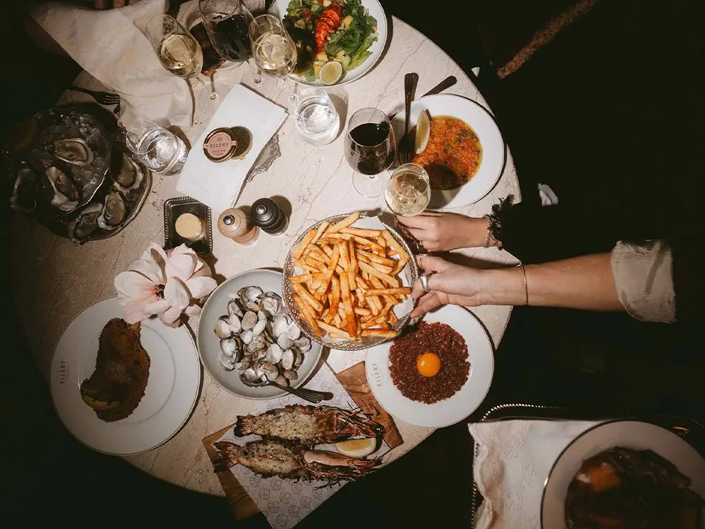 Dinner at Restaurant Palmers Dinner with seafood, fries and sharing dishes at Restaurant Palmers at Ellery Beach House near Stockholm